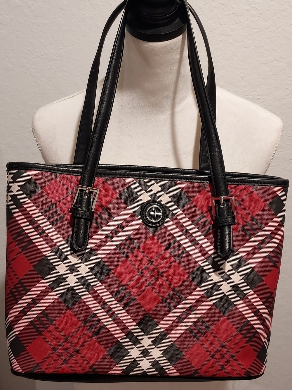 Giani Bernini Red Plaid Tote with Black Trim and Cream Accents